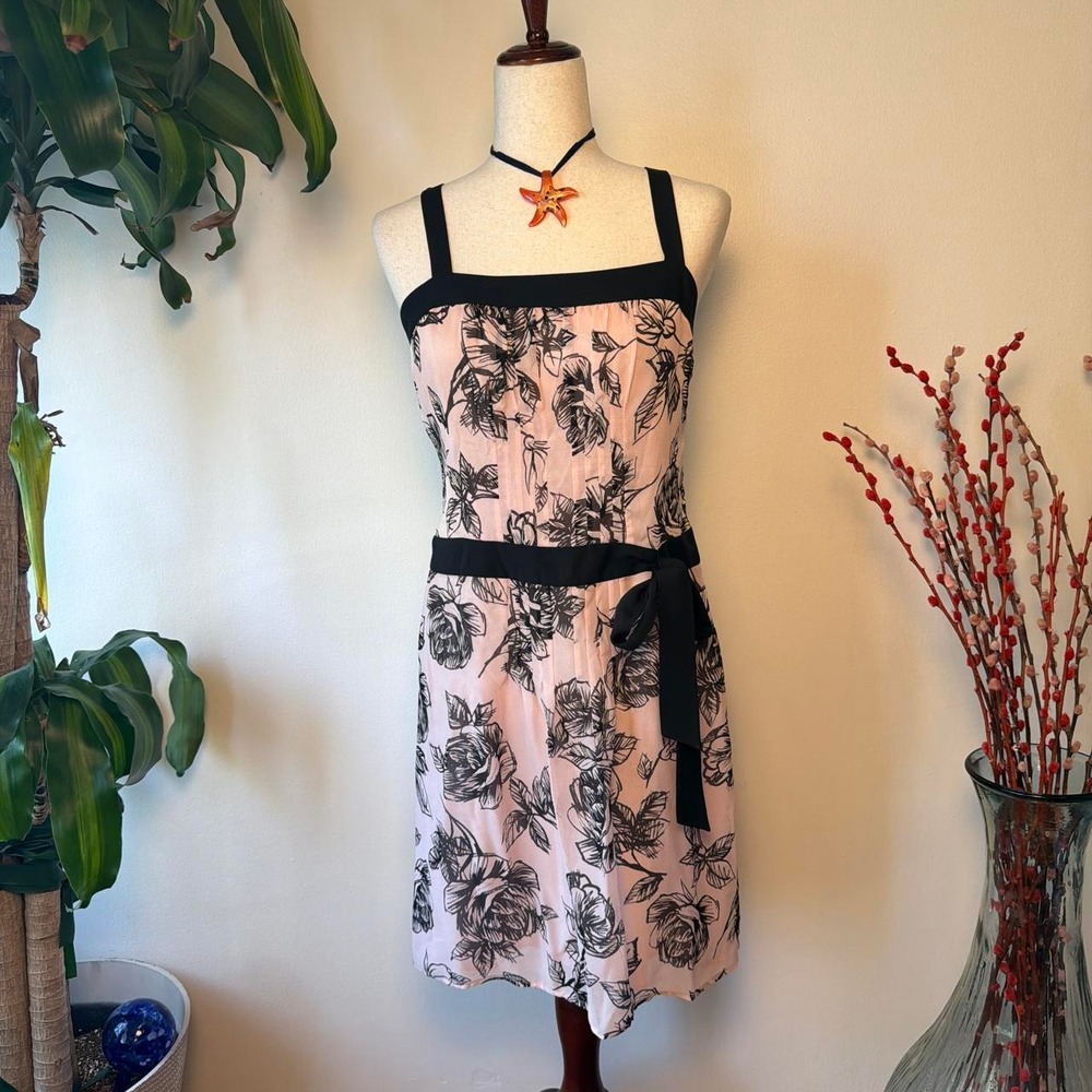 Ann Taylor Loft Pink Black Floral Drop Waist Bow Dress 6P Retro Coquette Petite